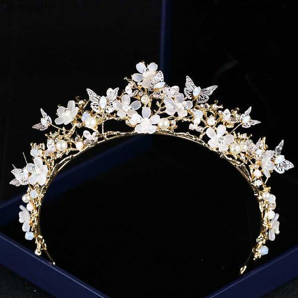 

baroque crown hairband butterfly flower tiaras bride hair accessories crown flowers pearl headdress wedding headbands l230704, White;golden