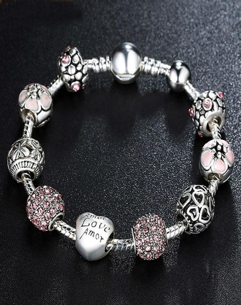 

antique 925 silver charm fit bangle bracelet with love and flower crystal ball for women wedding pa14556055689, Black