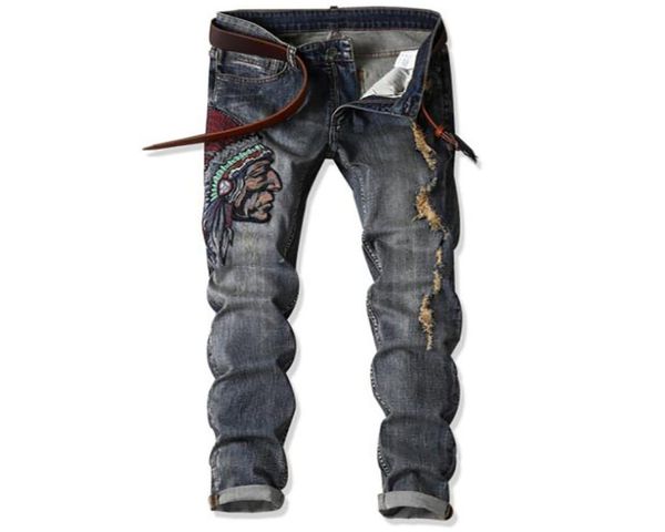 

fashion patchwork and embroidery indian men039s slim jeans casual long pants denim jeans for man clothing2945745, Blue