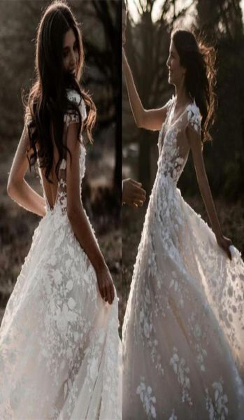 

romantic lace bohemian wedding dresses spring summer boho open back lace tulle a line bridal gowns 3d appliques robe de marri8918864, White