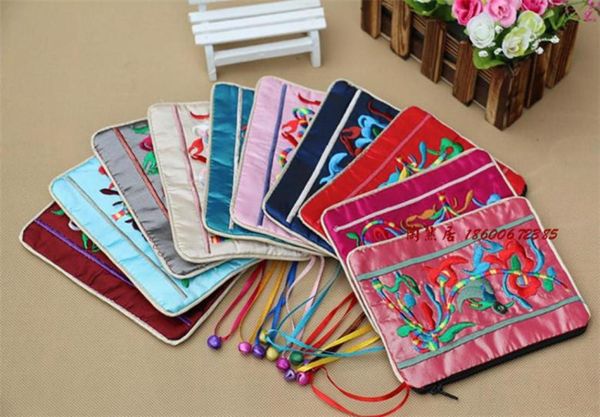 

unique small bells zipper jewelry gift bags embroidered chinese style reusable silk packaging pouches women coin purse bag 50pcsl3745284, Pink;blue