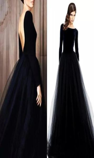 

elegant long sleeves velvet evening dresse backless black prom party dress bateau neck tulle skirt long formal dresses wear9610996, Black;red