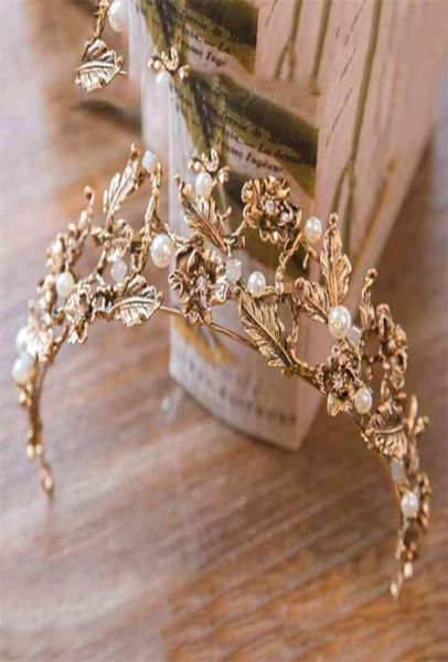 

vintage baroque gold pearl leaf bridal tiara crystal crown hairband headpiece vine wedding hair accessories bride headband 21070123303947, Slivery;golden