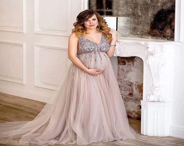 

luxury maternity po shoot dresses empire waist v neck pregnant women formal evening celebrity dresses tulle crystal beaded prom5677998, Black;red