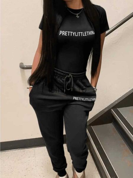 

women's two piece pants lw women two piece set letter print drawstring pants set short sleeve t shirt + drawstring pants set ladies spo, White