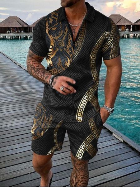 

vests brand polo suit men's shirts&shorts 2 piece sets zipper lapel tshirt tracksuit male jogger outfits, Black;white