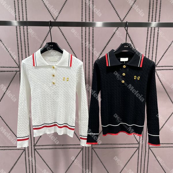 

classic embroidery knits women lapel neck pullover sweaters fashion striped knitted sweater, White;black