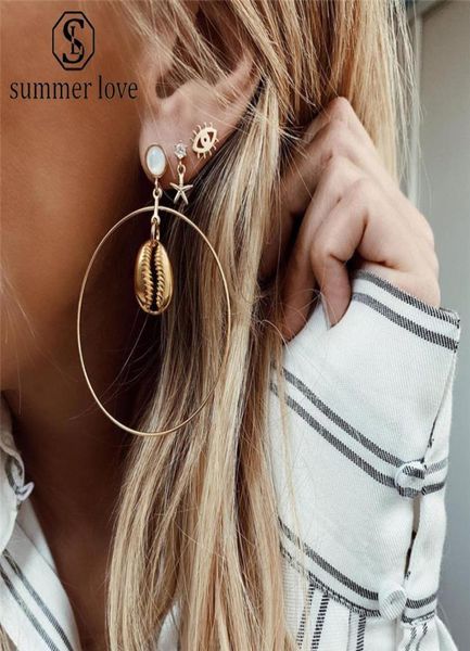 

3pcs set exaggerated starfish big circle dangle earring for women gold plating alloy eye shell hoop earring fashion summer beach j6900555, Silver
