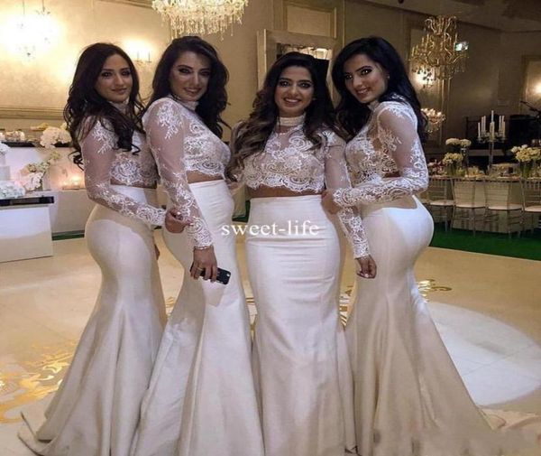 

white two pieces 2020 mermaid bridesmaid dresses lace illusion long sleeves satin wedding guest party gowns maid of hono3994282, White;pink