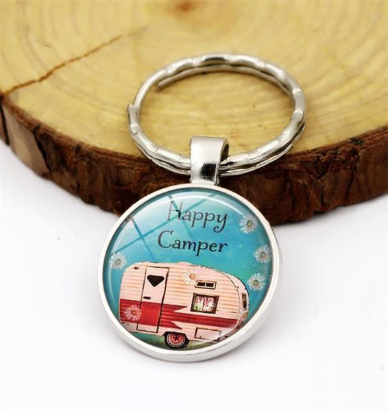 

2020 happy camper quote keychain travel car key chain ring glass cabochon dome jewelry pendant silver metal keyring fashion gift2665261, Slivery;golden