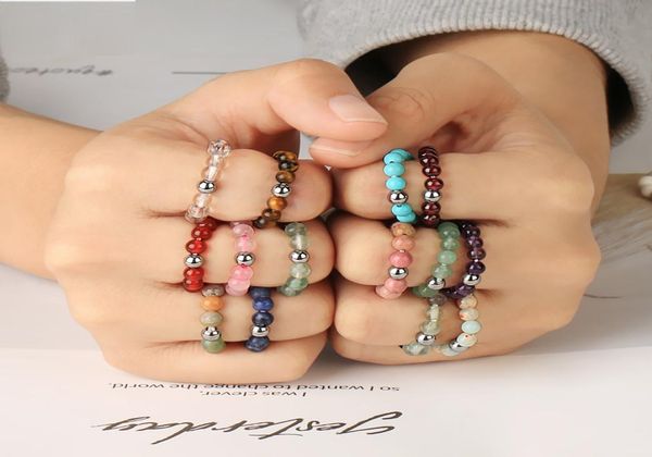 

natural stone beads rings elastic 4mm crystal round strand finger ring handmade creative band ring women men party jewelry 1pc9730302, Golden;silver