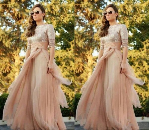 

2019 sparkly blush chiffon bridesmaid dresses crew long sleeve sequins ruffles floor length maid of honor dress custom 2646825, White;pink