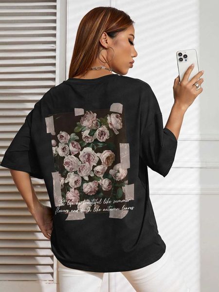

women's fashion t-shirt floral slogan graphic shoulder, White