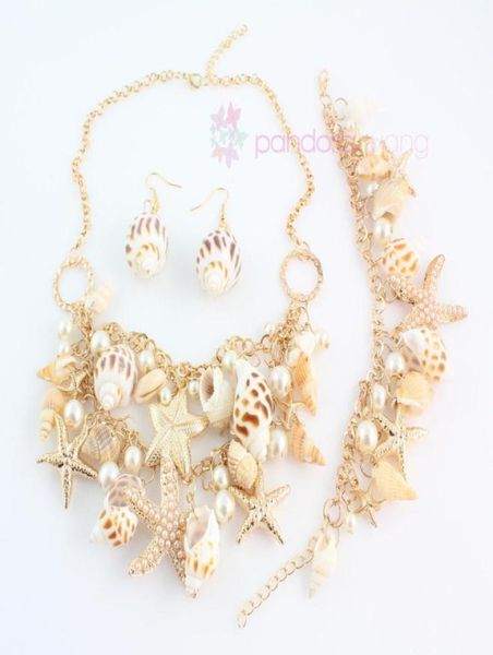 

2015 new design fashion golden chain multielement pearl beads shell conch starfish necklace set18295617, Black