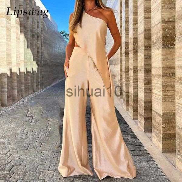 

women's two piece pants fashion solid irregular elegant set one shoulder slant collar party two piece set women high waist wide leg pa, White