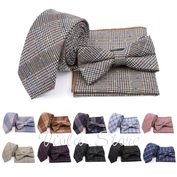 

neck tie set plaid cotton 6cm necktie sets bowtie pocket square blue brown pink gray men skinny school party daily suit cravat gift accessor, Black;blue