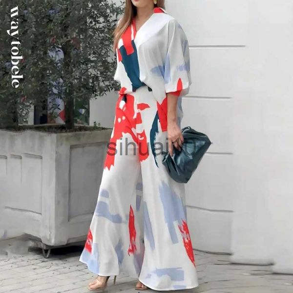 

women's two piece pants waytobele women two piece set casual abstract print v neck laple lantern sleeve long loose wide legs pants sets, White