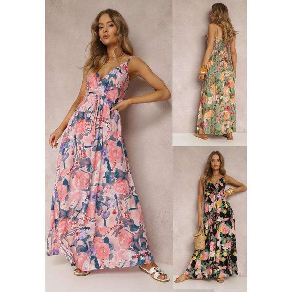 

spring summer womens clothes fashion printed dress strap deep v neck sleeveless backless, Black;gray
