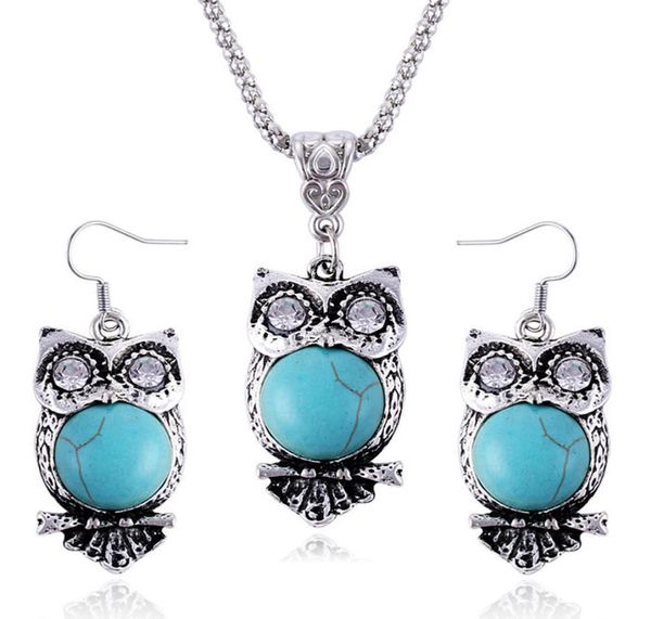 

vintage bohemian alloy turquoise necklace earrings set cute exaggerated owl pendant jewelry sets for women jewelry accessories6044047, Silver