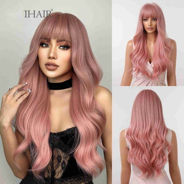 

synthetic wigs easihair pink long wavy synthetic wigs with bangs natural wave hair for women lolita cute cosplay heat resistant 230227, Black