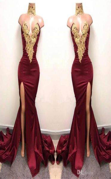 

2019 modest burgundy mermaid split evening formal dresses sparkly gold embroidery high neck african arabic occasion prom gown9480628, Black
