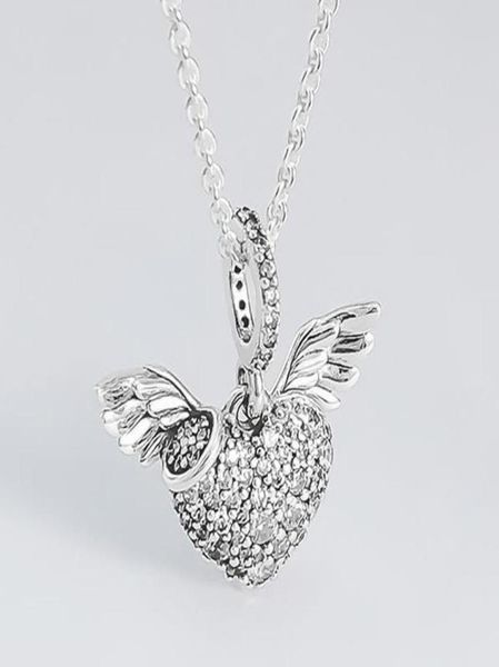 

100% 925 sterling silver charm angel wing with crystal love pendant fit women bracelet & necklace diy jewelry q05316940383, Black