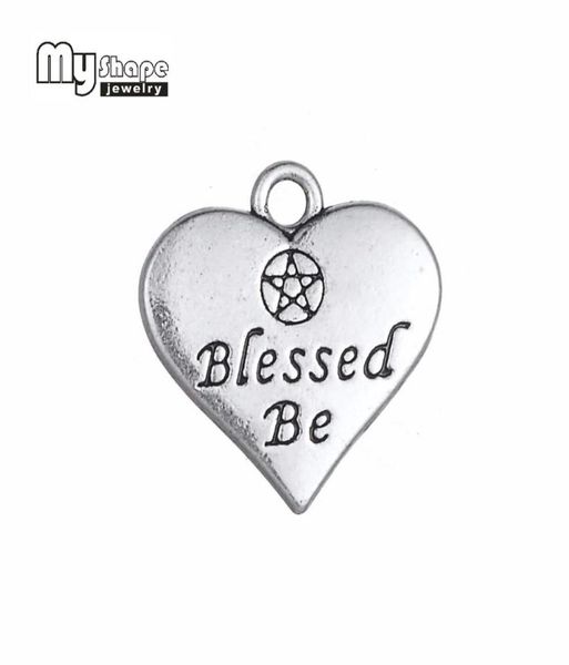 

my shape 20pcs heart charm double side letter blessed be wicca pentacle pentagram pendant for jewelry making antique silver tone3766795, Bronze;silver