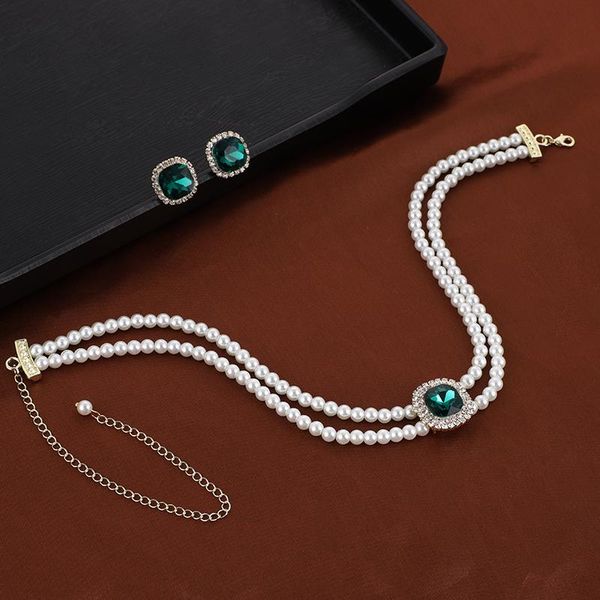 

blazers masa new women's jewelry set green stonesetting pearl necklace female neck accessory party collar bead pendant jewelry gifts, White;black