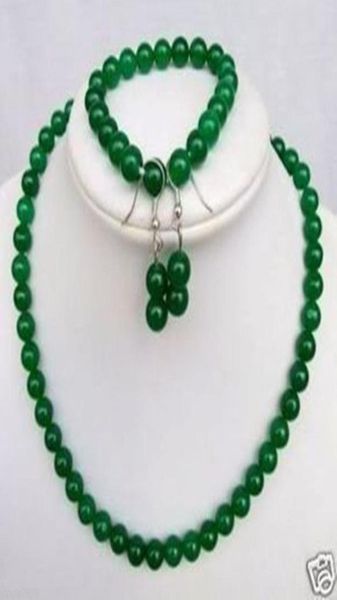 

natural 8mm green jade beads necklacebraceletearring sets018180842, Black