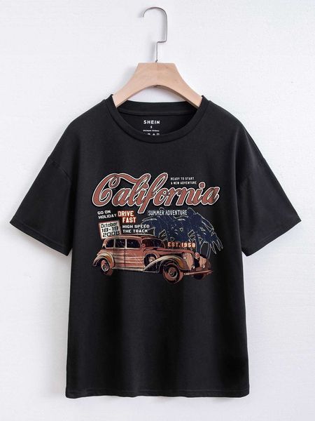 

women's fashion t-shirt car and letter graphic shoulder, White