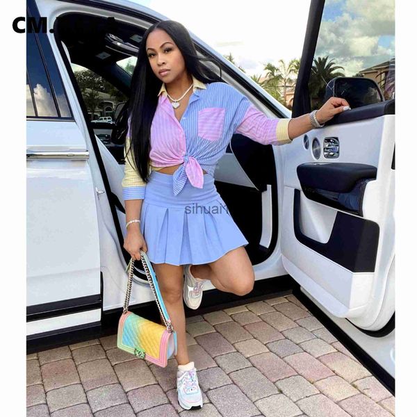 

women's two piece pants cm.yaya women skirts sets patchwork full sleeve shirt solid empire mini pleated skirt 2 piece set female street, White