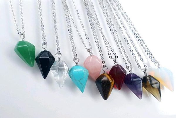 

whole natural crystal pendant necklace men hexagonal pointed cone gemstone jewelry for women 10colors mix order5981179, Silver
