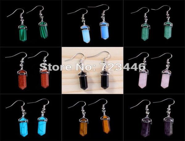 

natural stone earrings gem stone hexagon prism point healing chakra dangle earrings charm fashion women jewelry3827385, Silver