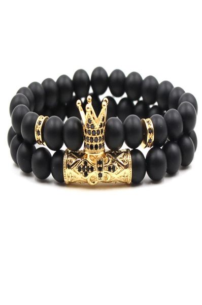 

fashion lover designer bracelet 8mm beaded aaa cubic zirconia copper gold crown black frosted stone women men love bracelets jewel1013510