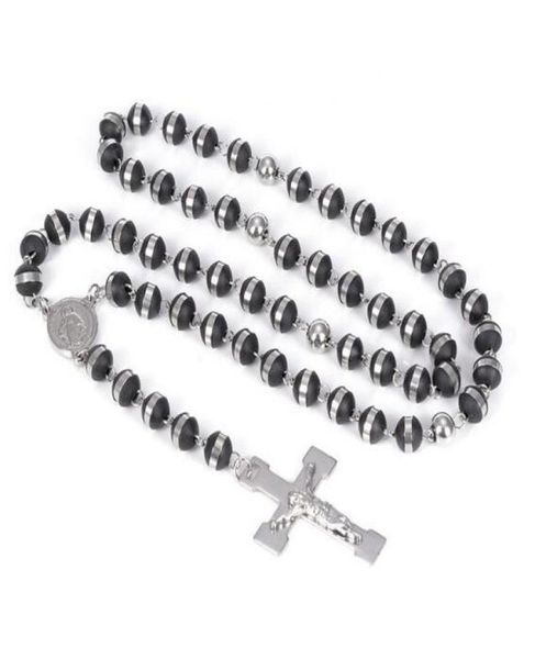 

new arrival popular style black silicone rosary necklace silver 316l stainless steel religous beads chain crucifix cross3062908
