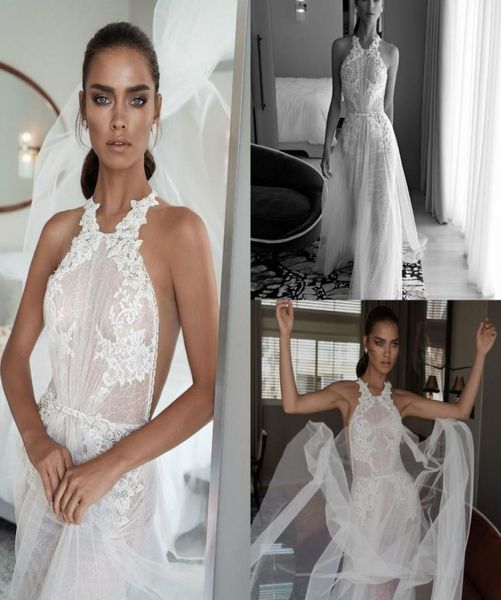 

2018 elihav sasson beach wedding dresses halter lace tulle applique backless boho bridal dress sweep train bohemian wedding g5478597, White
