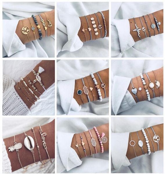 

5pcs geometric hollow electric map conch combination layered bracelet set beaded bracelet multiple stackable bracelet jewelry adju7536445, Golden;silver