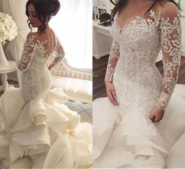 

vestido de noiva long sleeves wedding dresses with sheer neck vintage mermaid appliques lace tulle bridal gowns1067710, White