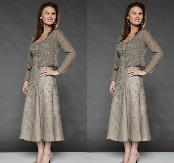 

elegant embroidery mother of the bride dresses beaded scoop neckline tealength occasion dress with jacket for wedding2346272, Black;red