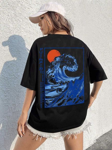 

women's fashion t-shirt wave japanese letter graphic shoulder oversized, White