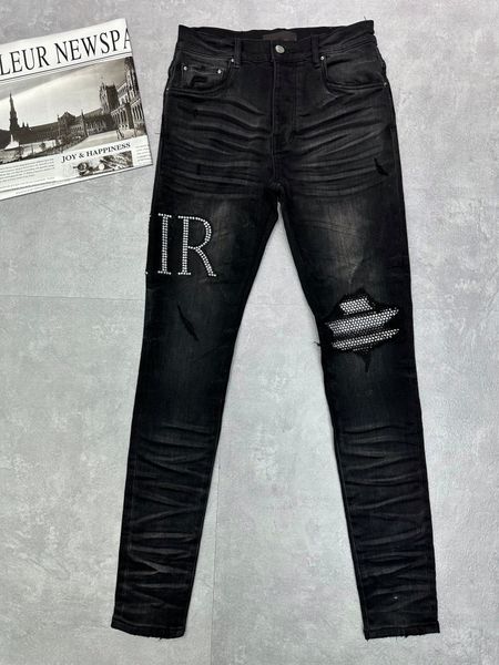 

mens jeans designer men's jean trousers ripped brand designs letter rhinestone motorcycle men skinny hip hop street cowboy pants, Blue