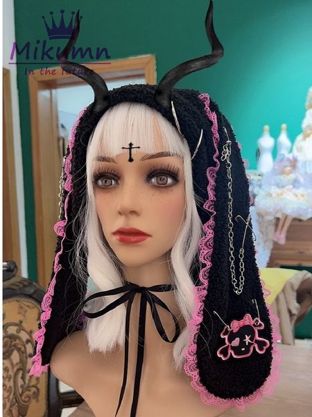 

beanie/skull caps gothic black skull chain rabbit ear hats harajuku y2k punk women winter warm lambswool earmuff windproof beanie hats caps, Blue;gray