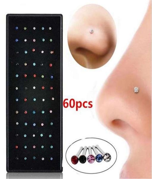 

60pcsset 18mm diamond nose studs fashion stainless steel rhinestones piercing rings for women1979847, Silver