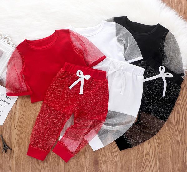 

2020 new baby girls outfits kids lace sequins patchwork gauze pants 2pcs children princess sets a36395941971, White