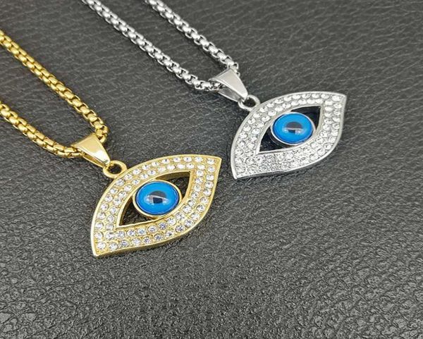 

hip hop necklace crystal rhinestones paved stainless steel evil eye pendants necklaces for men rapper jewelry8521517, Silver