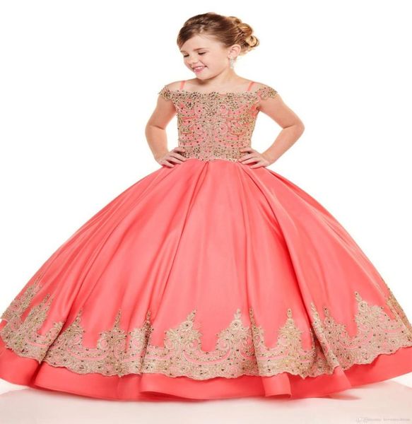 

coral ball gowns princess little girls pageant dresses gold embroidery beads cold shoulder flower girl dress for wedding party bir8085265, White;red