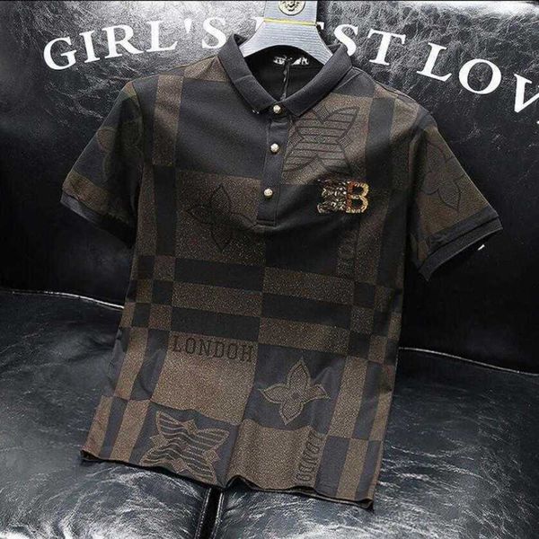 

european station men's summer new polo shirt men's european tide checkered flocking lapel all-match t-shirt men youth top, White;black