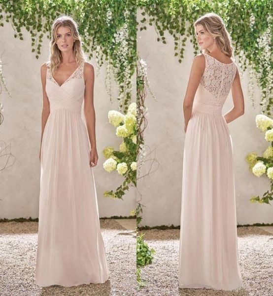 

2019 simple v neck lace zipper back maid of honor wedding guest dress long chiffon bridesmaid dresses2493586, White;pink
