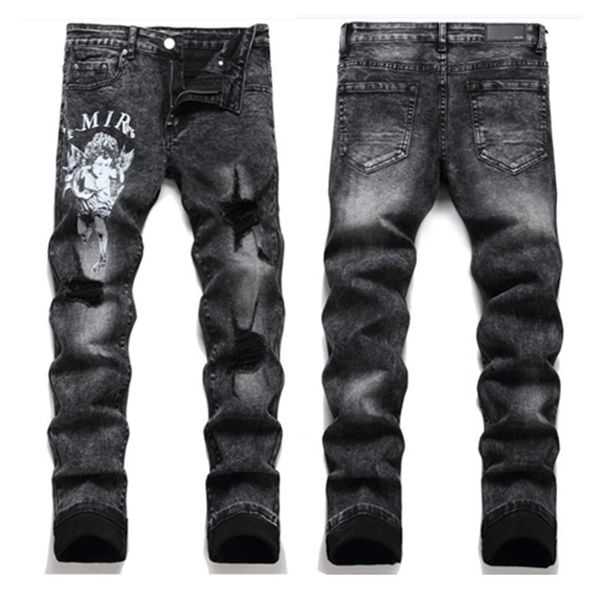 

designer mens jeans hiking pant ripped hip hop high street fashion brand pantalones embroidery close, Blue