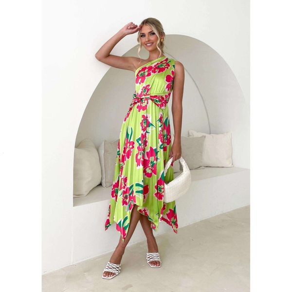 

summer nightclub oblique shoulder printed swing irregular dress pleated, Black;gray